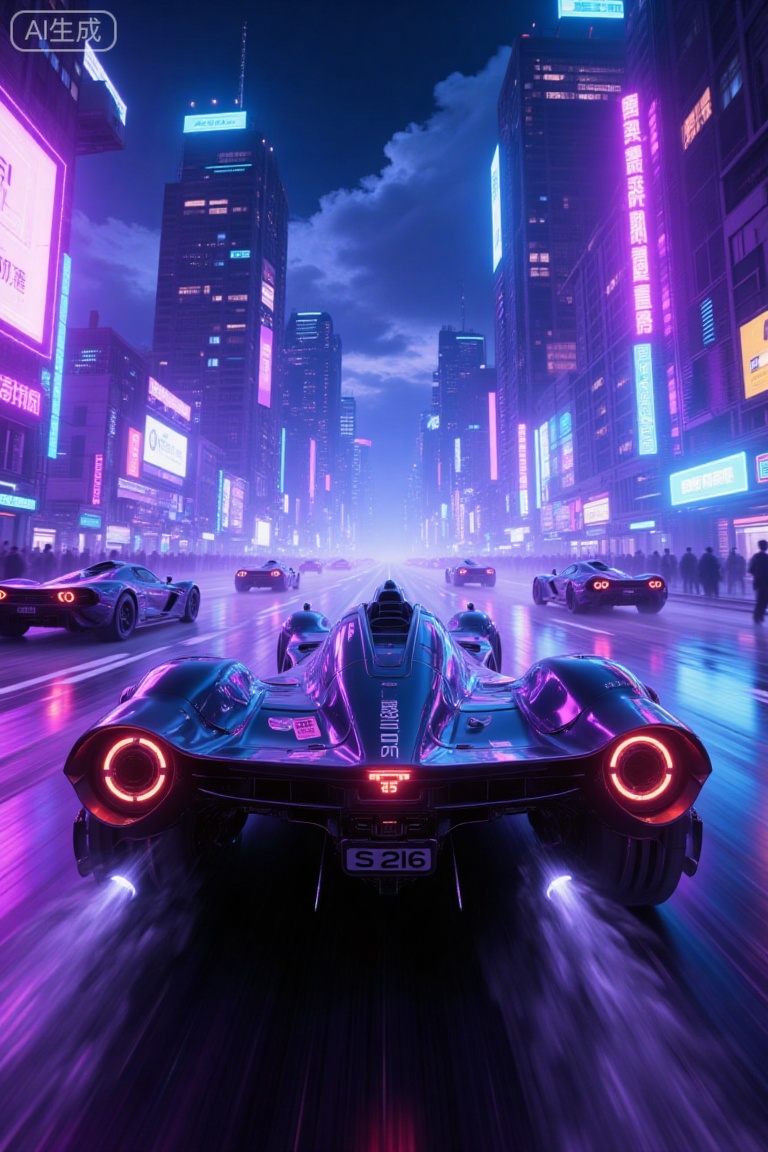 Cyberpunk realism.,It depicts a high-speed,futuristic car driving through a neon-lit city at night. Shot in a vibrant dynamic digital art style,the image shows a sleek black aerodynamic race car with a prominent streamlined body and LED taillights. The car,license plate number S216,appeared to be in motion,with faint tire marks and a noticeable sense of speed,suggesting it was driving on a race track or a busy city street. In the background,towering skyscrapers and countless colorful neon signs create a lively,vibrant atmosphere. The night sky was dark with some clouds,and the city's lights included bright purples,pinks,blues and whites,adding a vibrant contrast to the scene. The overall composition emphasizes movement and excitement,with the sharp angles of the racing cars and the reflective surfaces of the city adding to the futuristic and high-tech feel. The paint on the body reflects the lights of the city,and the blurred motion enhances the sense of speed and movement.,