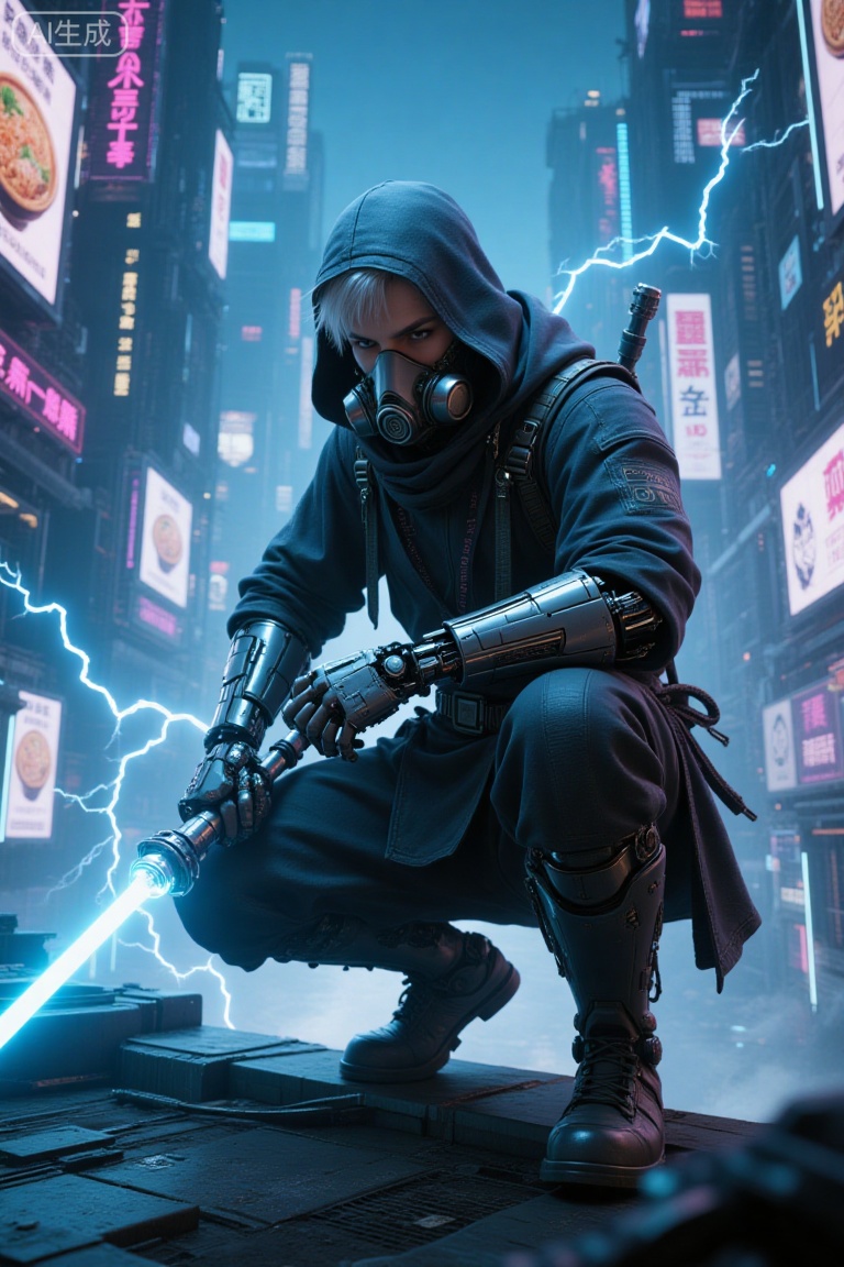 A cyberpunk-style ninja crouching on a rooftop, (left arm is a mechanical prosthetic:1.3), (metallic texture:1.1), low-key design, wearing a combat suit inspired by technology, (simple process of clothing design:1.3), (determined gaze:1.2), (wearing a respirator over the mouth and nose:1.1), (white short hair:1.1), (holding a sci-fi blue lightsaber:1.5), very smooth, motion blur, surreal, roaring, highly detailed, glowing effects, high detail, Unreal Engine, sword and lightning effects, thin mist around, highres, high_contrast, background is a bustling cyberpunk city, full of neon lights and signs, city LED screens display ramen advertisements, correct perspective, futuristic style, preparing to carry out a mission, (wearing a hood:1.1)