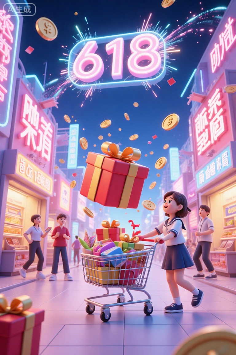 3D style,A vibrant digital illustration depicts a festive shopping scene in a futuristic marketplace. A young girl with brown hair wearing a sailor suit pushes a cart filled with colorful gifts. At the center is a large red gift box with a bow, surrounded by floating coins and gold coins. The background features brightly lit storefronts with Chinese characters and a glowing "618" in the sky. The bustling scene is filled with shoppers, and neon lights add a modern and festive atmosphere. The young girl's sailor suit is detailed with blue and white stripes, her face has a joyful expression, and the cart is adorned with ribbons and colorful wrapping paper. The storefronts have dynamic signs and displays, and the glowing "618" creates a radiant effect in the night sky.