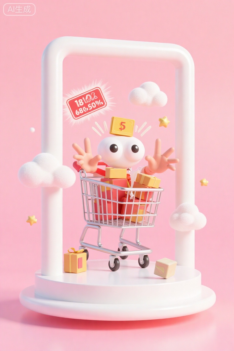 cool,Supercoolvision,A white inner frame with a huge shopping cart filled with gifts for big-eyed hands,surrounded by fun elements: discount coupons,red envelopes,stars,exploding graphics,clouds,dialog boxes. The background is a fuchsia color and the style is simple,with a 3D cartoon aesthetic and soft lighting,playful and youthful. The image quality is very detailed and refined,created with advanced 3D rendering software such as Blender or Cinema 4D,