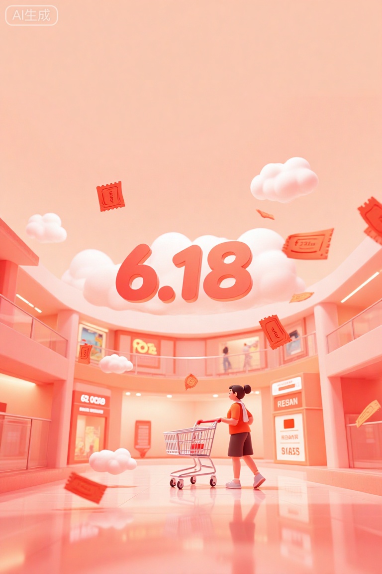 The main subject of the image is the number "6.18":1.3,in a 3D style,super cute style,velvet effect,e-commerce poster,viewed from below,showing a happy shopping mall,a woman wearing casual clothes,pushing a shopping cart,floating pink clouds and red coupons,with orange and red tones.,