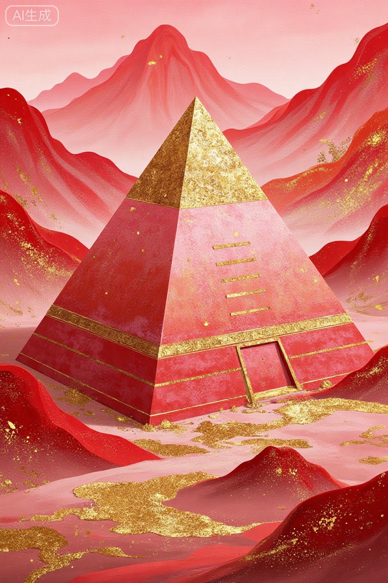 Vermilion red + gold powder, frosted particle texture artistic illustration. This work takes the hazy texture of pink and red gradients as the keynote. The main subject is a pyramid with a translucent texture, decorated with gold powder and golden lines on the body, and covered with a gold foil-like texture at the top. The background features undulating mountain shapes in the same color system, paired with gold powder splatter details. The overall style is luxurious and dreamy, combining ancient Egyptian architectural elements with the soft mist texture of modern art.