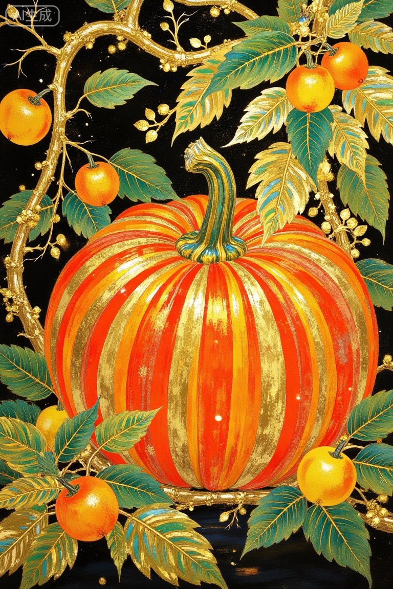 A national style lacquer painting that uses ivory mineral paint and gilding techniques. This is a vibrant and detailed digital art work depicting a colorful pumpkin with an orange base, interwoven with golden and orange stripes, surrounded by golden vines, iridescent leaves, and fruits as decorations, showcasing exquisite elegance. The lighting in the image is bright, with light and shadow effects encircled by lush green leaves and golden decorations. The background is black, highlighting the vivid colors. Its style evokes traditional Japanese ukiyo-e woodblock prints, with fine textures and rich, luxurious aesthetics.