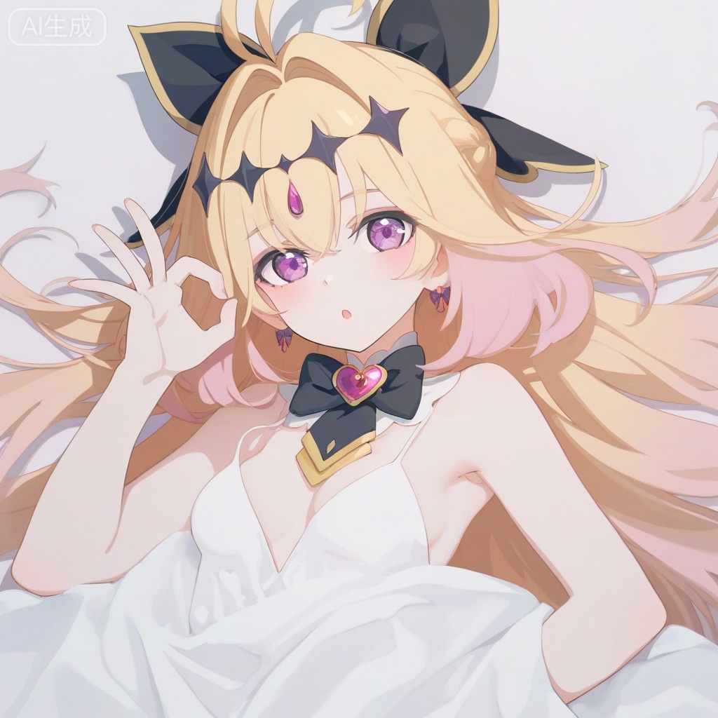 (artist:mika_pikazo:0.5),(artist:ningen_mame:0.8),(artist:ciloranko:0.5), (artist:ogipote:0.5),(artist:tianliang_duohe_fangdongye:0.7),(artist:wlop:0.9),(artist:jyt:0.9), minimalism,tidy,indoor,on bed,solo,steam,:o, 1girl, moria luluka,magical girl,ahoge,antenna hair,long hair,two-tone hair,purple eyes,blonde hair,multicolored hair,gradient hair,hair intakes,black bow,black bowtie,heart brooch,hair ribbon,hair ornament,hair bow,diamond hairband,jewelry, solo,medium_breasts, looking at viewer, ok sign, white background, upper body, simple background, blush,