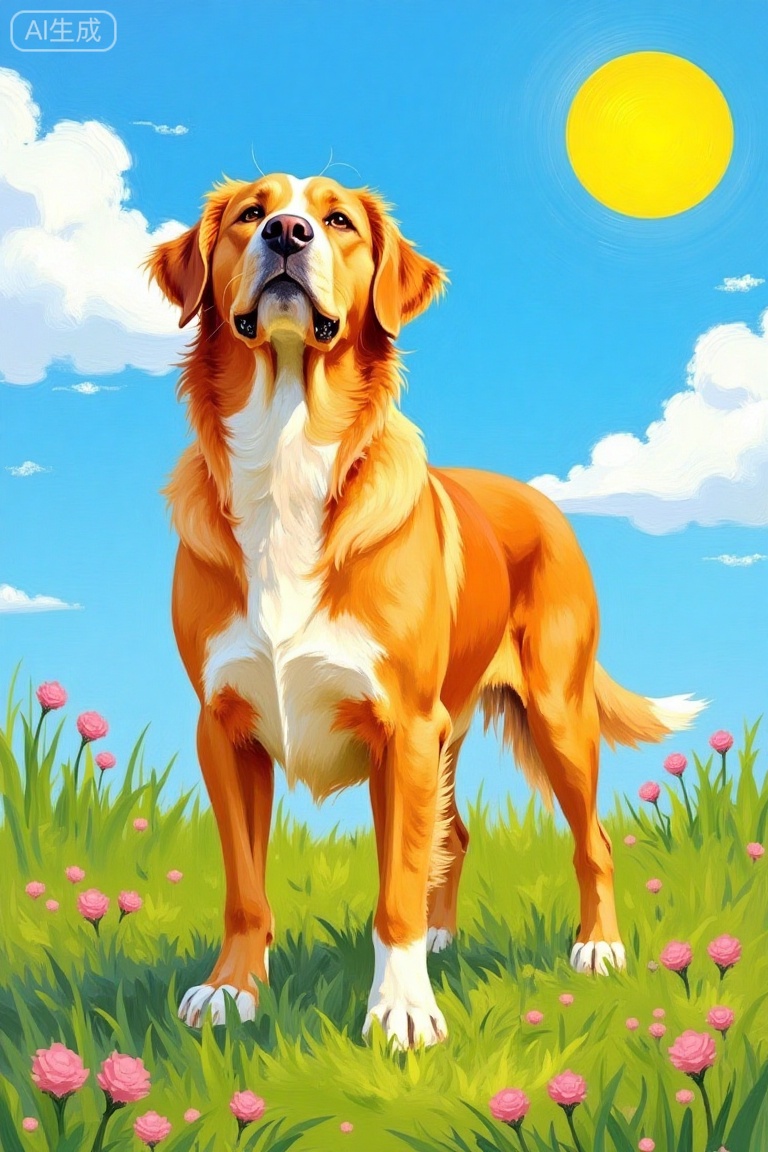 Oil paint,This image is a digital painting in a realistic, impressionistic style. It depicts a golden-brown dog standing on a grassy field, with a bright blue sky and a yellow sun in the background. The dog has a white chest, white paws, and a white patch on its face. It is looking upwards with a calm expression. The field is dotted with pink flowers and green grass. The sky has white, fluffy clouds. The painting uses bold, expressive brushstrokes and vibrant colors.