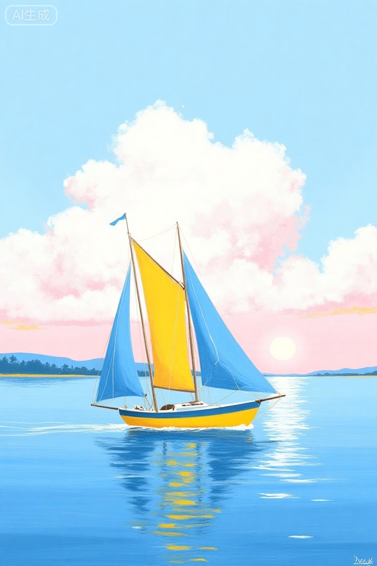 A painting of a sailboat in the water. The painting is blue yellow white and pink. The water is calm and still. The sailboat is yellow and blue. The sky is a light blue and white. The clouds are white and fluffy. The sun is setting in the distance. The boat is casting a shadow on the water as it sails.,