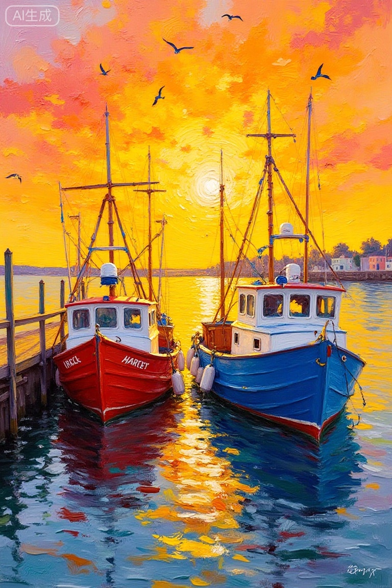 oil painting,An oil painting with thick impasto and stacking. A vibrant,impressionistic painting depicts a colorful harbor at sunset. Two boats,one red and one blue,are moored along a wooden pier. The sky is a gradient of warm oranges and yellows,with birds flying and reflections on the water. The style is textured with visible brushstrokes,evoking a lively,bustling atmosphere,