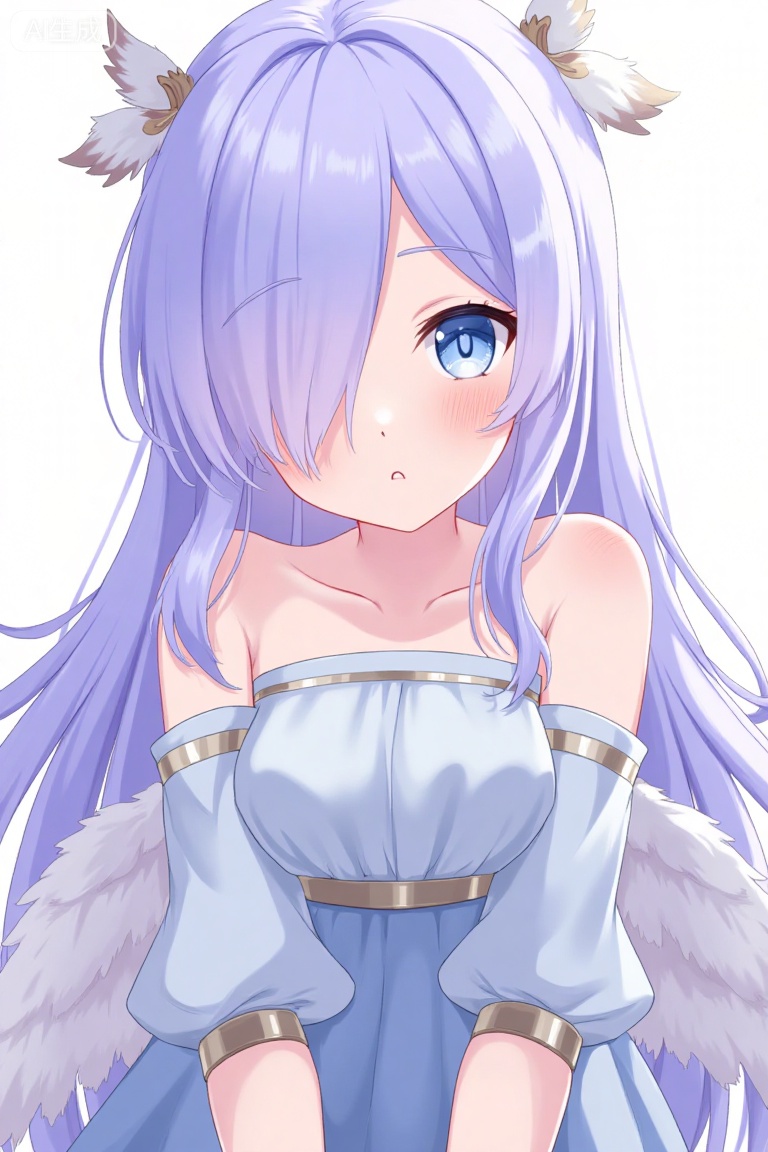 1 girl,side bangs,bangs,exposed shoulders,blue eyes,blue hair,blushing,chest,closed mouth,dress,elbow sleeves,eyebrows visible through the hair,feathered wings,feathers,flowing hair,gloves,hair covering eyes,long hair,looking at the audience,medium sized chest,purple hair,small chest,smile,alone,strapless,upper body,very long hair,wind,wings,