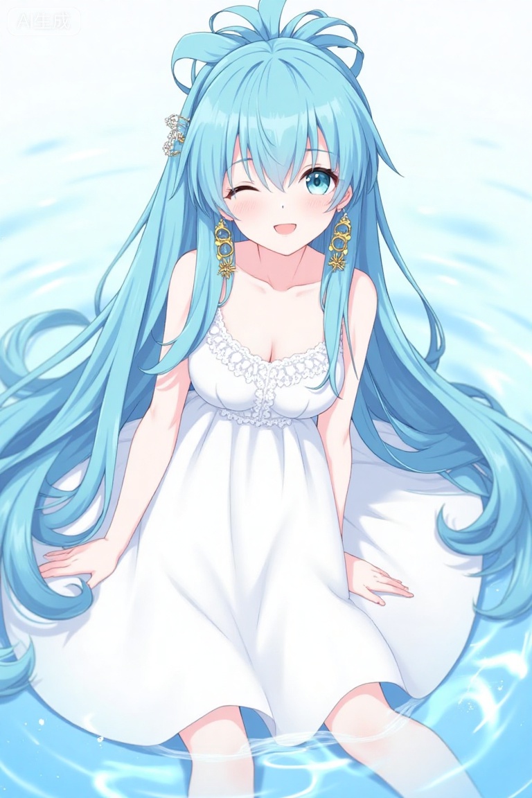 hycg,1 girl, aqua eyes, blue hair, blue hair, dress, earrings, treble clef, flowing hair, hair ornament, hatsune miku, take, jewelry, long hair, looking at viewer, notes, smile, bunches, very long hair, water, white dress