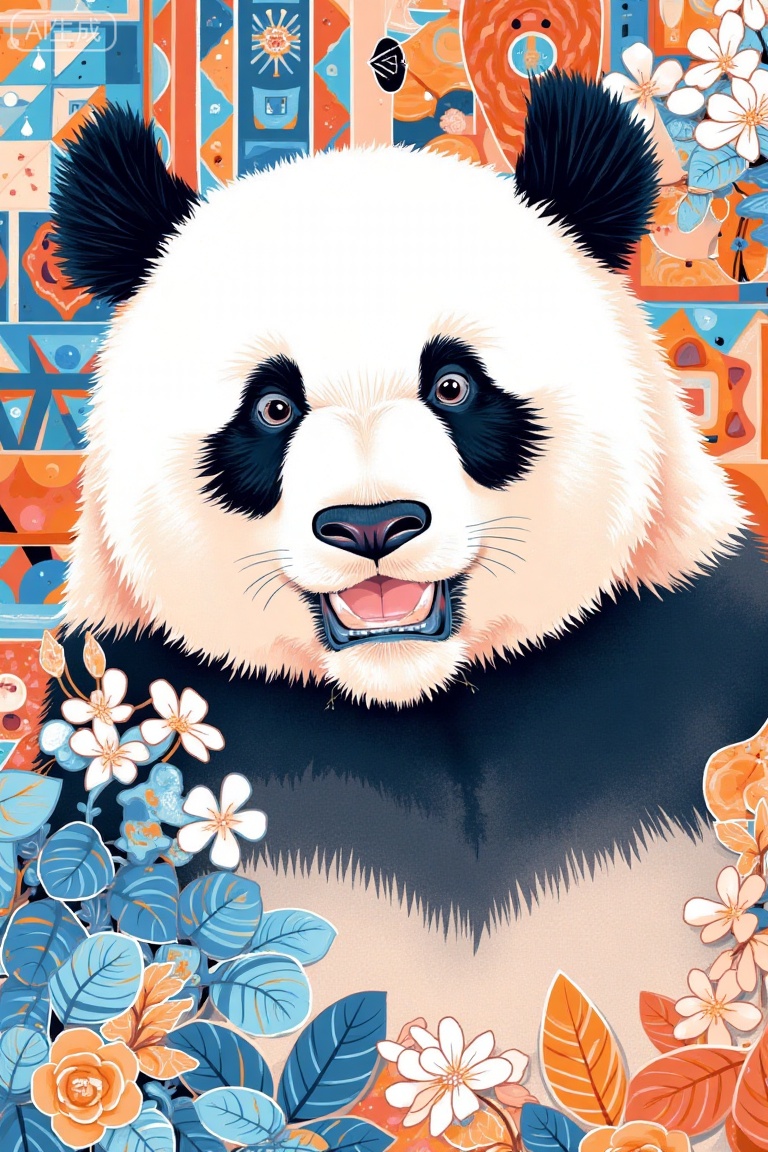 A digital drawing of a panda with a friendly expression,surrounded by vibrant,intricate floral patterns in shades of blue,orange,and white. The panda's fur is detailed with soft,fluffy textures,and its eyes are expressive and bright. The background features abstract,colorful geometric designs,creating a lively and whimsical atmosphere,