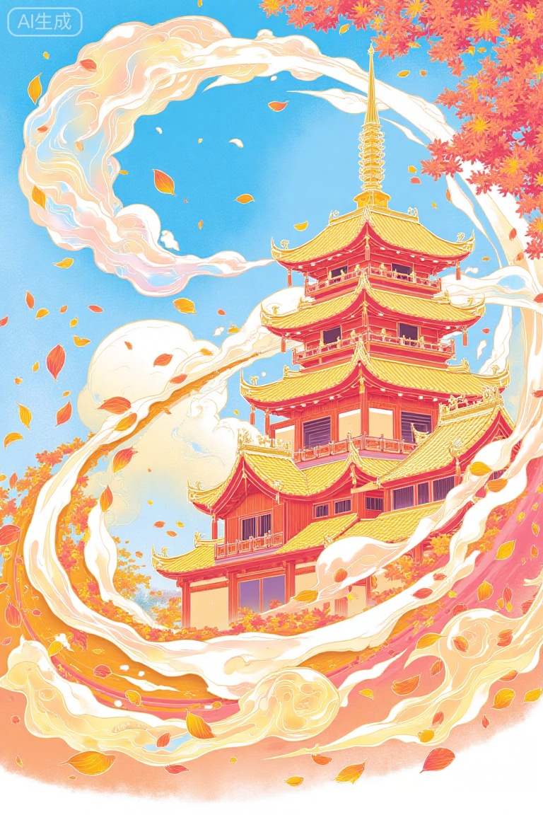 This is a vibrant digital drawing in an anime-inspired style featuring a traditional Japanese pagoda with golden roofs and red accents,surrounded by swirling,colorful leaves and clouds. The background transitions from blue to orange,creating a dreamy,ethereal atmosphere. The intricate details and dynamic composition evoke a sense of movement and tranquility,