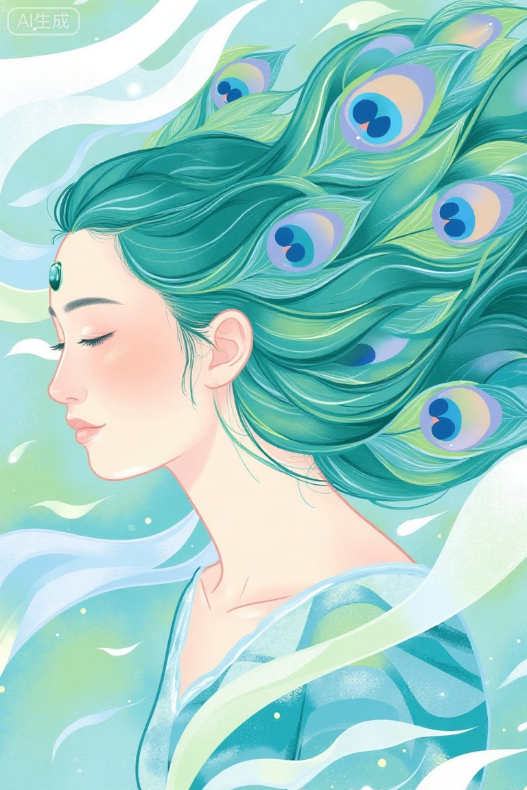A digital painting of a serene,ethereal woman with flowing,peacock-feather-like hair,blending teal,green,and blue hues. She has a calm expression,adorned with a green gemstone forehead ornament. The background is a dreamy mix of pastel blues and greens,evoking a sense of tranquility and fantasy,Chinese style,art illustration,