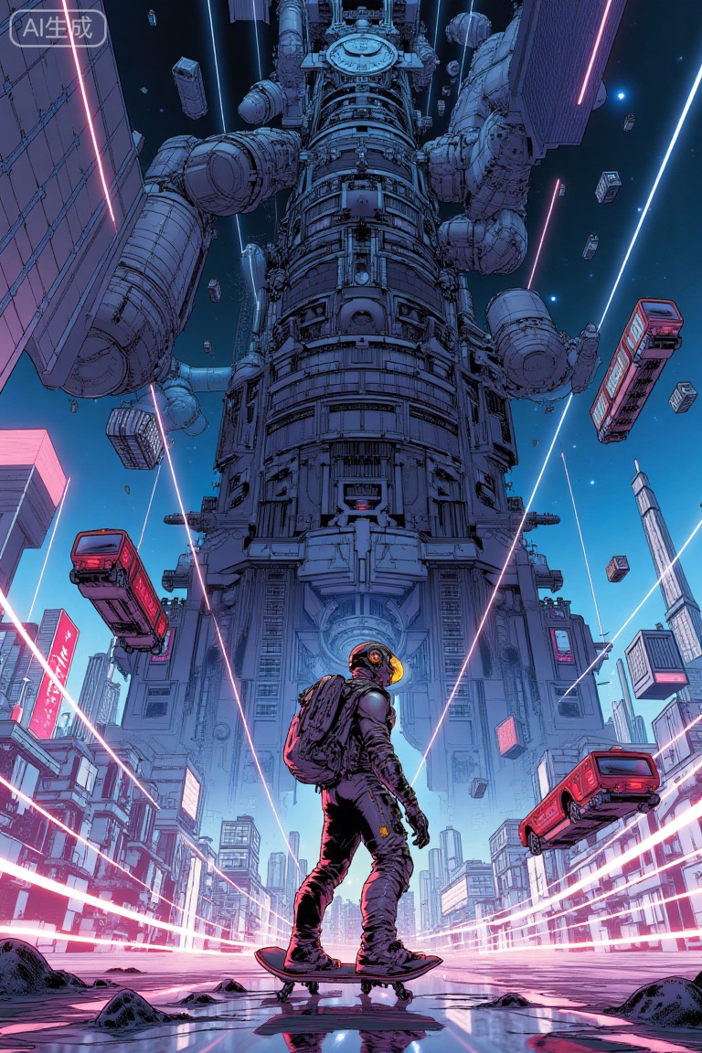 American comics,Looking up at the mechanical repairman showing the future city: under the huge mechanical tower of the future city,a mechanical repairman wearing protective gear with sense of science and technology stepped on an anti-gravity hovering skateboard and looked up to repair the complex mechanical devices of the tower attentively. looking up,he highlighted the towering of the mechanical tower and the concentration of the mechanical repairman in front of the giant machinery,surrounded by the flashing neon lights and speeding suspended cars of the future city,american comics,