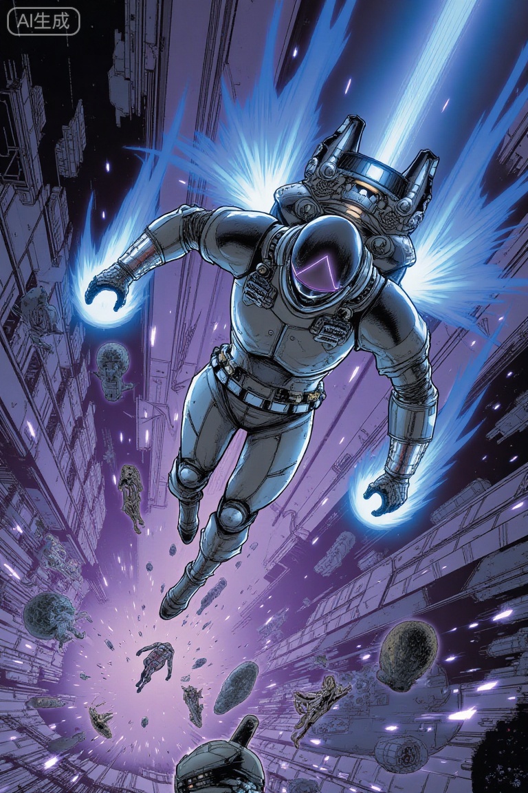 American comics,American comics,Show a bird's-eye view scene of a space bounty hunter: A bounty hunter clad in silver metallic space armor with a jetpack emitting blue flames hovering high above a space station teeming with activity and a futuristic atmosphere. Various alien creatures and spacecraft are in motion below. The bounty hunter grips an energy tracker,locking onto the target,showcasing the adventurous ambiance of the universe,American comics,