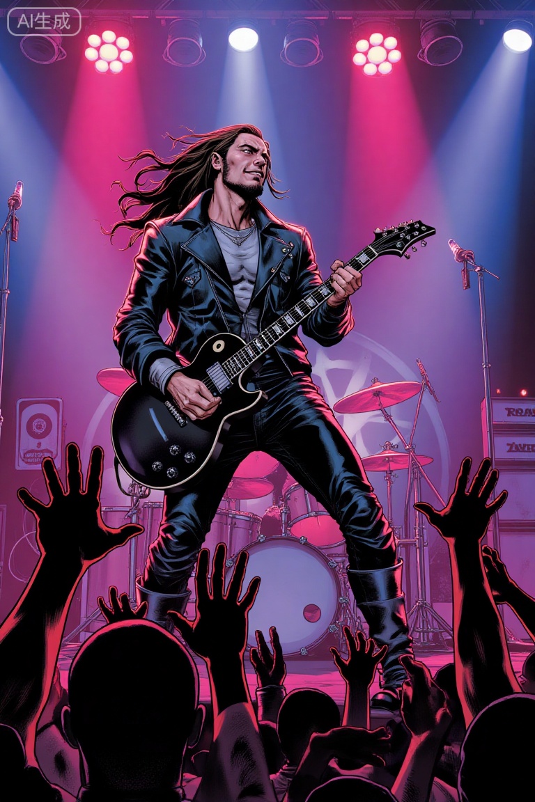 American comics,A dynamic digital illustration of a long-haired,muscular man with fair skin and a goatee,playing an electric guitar on stage under vibrant stage lights. He wears a black leather jacket,pants,and boots. The crowd's hands reach up,fingers spread,as he strums passionately. The background features a drum set and a spotlight.,
