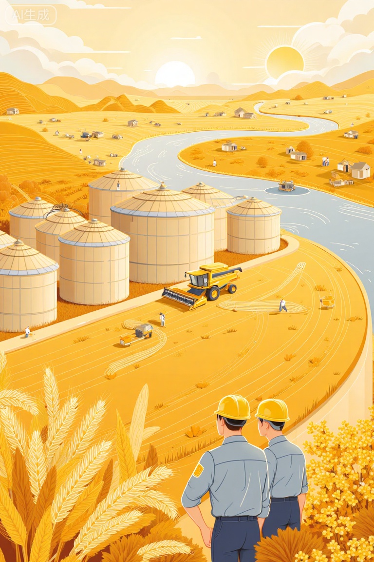 electricity,An illustration with the theme of a bountiful harvest,warm tones,aerial panoramic view,in the style of China Daily,overall color is beige,main part is yellow. In the foreground,two staff members wearing blue uniforms and yellow safety helmets are looking at the scene of the harvest in the distance. In the center of the picture,there is a row of modern grain warehouses,which have a cylindrical body and conical roof,located in the wheat field,the harvester is busy harvesting wheat ears,water flows slowly; in the distance,the sunset is setting,several farmers are chatting happily,a winding river flows from the upper right to the lower left,forming layers of shadow structures. On the horizon,the sun gradually turns yellow,weak light shines through the clouds. At the bottom of the picture,water carries yellow flowers,creating a summer atmosphere. The overall composition is compact and full,the foreground,middle ground,and background are clear,the picture is full of joy and celebration,the colors are unified,high quality detailed illustration,with a cheerful,warm atmosphere and festive atmosphere.,