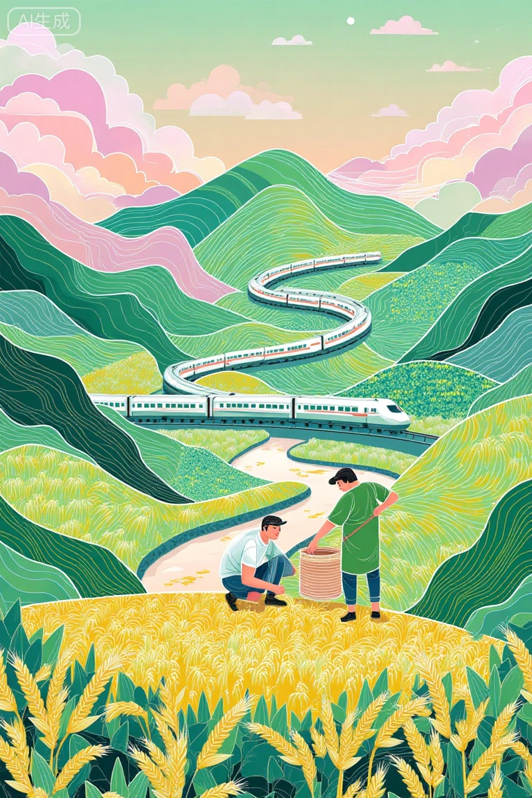 This digital animation style painting depicts a farmer uncle planting rice seedlings in a terraced field,with green,pink,and purple kaleidoscopes featuring complex patterns and geometric shapes. High speed trains pass through the fields,wheat ears,rivers,and mountains,creating a vibrant and dreamlike atmosphere that generates the desired image.,
Modern abstract artistic style,rich and abstract visual expression,strong atmosphere,prominent lines,surface composition,suitable for packaging elements,wallpapers,picture books,e-commerce festival posters,art illustrations,