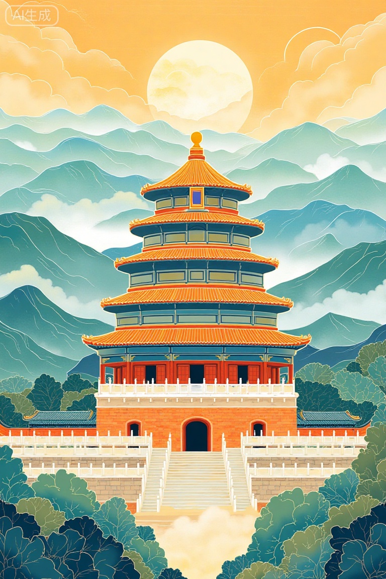 Commercial Illustration,Chinese ancient pagoda building, seven-story brick and wood structure, Tang Feng Song Yun, meticulous painting style, imitation of Song Dynasty national style illustration, color matching reference fairyland landscape style, tower body main color is light rice gold and warm gray, eaves using red gold glazed tiles, edge floodlight, high light texture under sunlight, background is turquoise mountains overlapping, clouds shrouded in fog, warm orange and yellow halo, close view is surrounded by green tower vegetation, dark blue, the sky is gradually orange and yellow, with soft and warm overall color, transparent air, rich picture levels, exquisite details, fairyland atmosphere, interlaced light and shadow, accurate natural perspective, prominent visual focus, extreme clarity,(best quality),(masterpiece),(extremely detailed),(high resolution),(Chinese traditional painting style),(ethereal atmosphere),(warm) light,(sunset tone),(golden highlights),(ink wash guochao style),