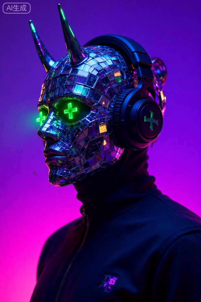 A figure dons a mirror - mosaic helmet with horn - like protrusions,eyes glowing with green cross - shaped lights,and headphones bearing green cross signs. Set against a gradient purple - blue backdrop,pink and purple neon lights reflect off the body,crafting a vivid cyberpunk aesthetic.,