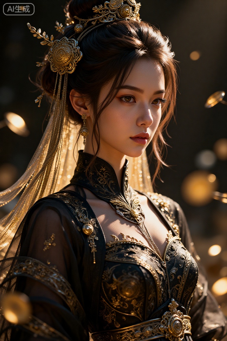 guohuashanshui,finely detail,Depth of field,masterpiece,extremely detailed CG unity 8k wallpaper,panorama,best quality,high resolution,Tyndall effect,light effect,1girl,Delicate and intricate,Gorgeous black dress,Complex Mysterious patterns,golden plants,radiant with energy,science_fiction,dark background,best light,best shadow,grand and epic,
