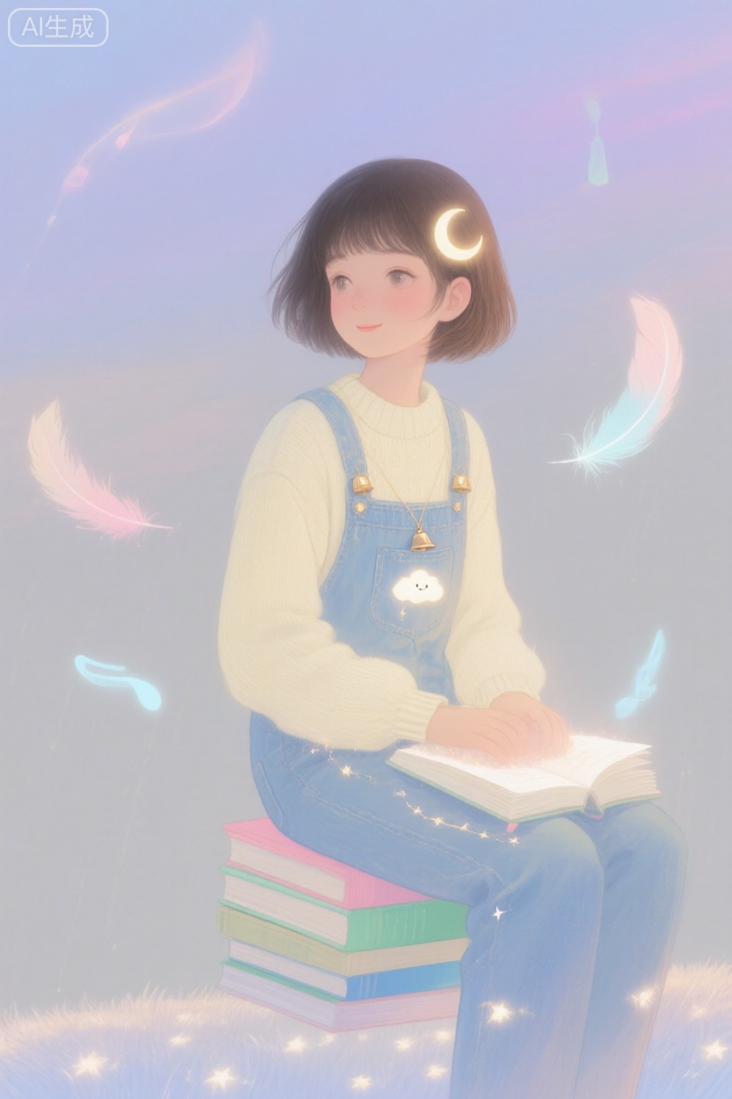 数字绘画,梦幻超现实治愈系：​主体：浅黄肤色女孩,棕黑短发剪至齐肩,发间别着发光的小月亮发饰,眼神温柔,嘴角带浅淡笑意；​细节：身穿米白针织衫（衣摆处缝着发光的小云朵图案）,外搭淡蓝牛仔背带裤（背带挂着发光的小铃铛）,坐在漂浮的书本堆上（书本封面呈粉、绿、蓝渐变,书页泛白光）；​背景：浅灰到淡紫的渐变天空,漂浮着发光的羽毛（羽毛呈浅粉、浅蓝）、半透明的音符,底部有发光的星星地毯；​质感：笔触细腻带轻微毛绒感,整体氛围像童话般治愈。