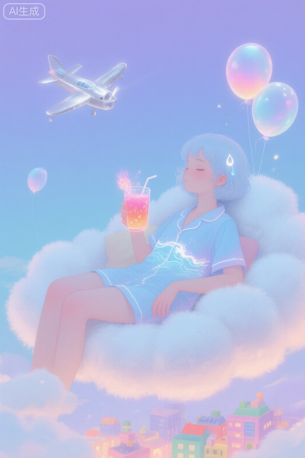 数字绘画,梦幻超现实治愈系：​主体：白肤色女孩,浅蓝短发带自然卷,发间别着发光的小水滴发饰,神情放松,正靠在漂浮的云朵沙发上；​细节：身穿淡蓝渐变家居服（衣服上有发光的海浪图案）,云朵沙发呈浅白渐变（表面泛毛绒质感）,右手拿着1 杯发光的果汁（果汁呈粉橙渐变,杯壁有小气泡）；​背景：浅蓝到淡紫的渐变天空,漂浮着发光的小飞机（飞机呈银白光泽）、半透明的彩虹色气球,下方有发光的迷你城市（建筑呈彩色积木状）；​氛围：慵懒惬意,传递居家般的治愈感。