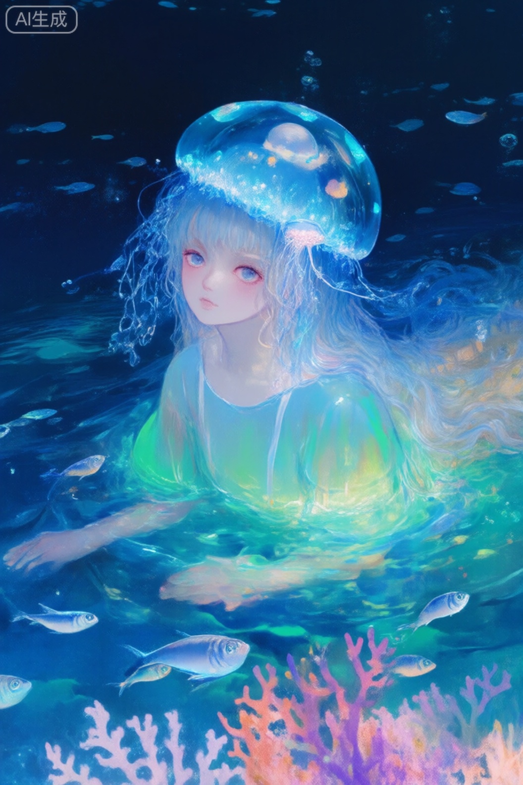 数字绘画,梦幻超现实治愈系：​, 主体：白肤色女孩,银蓝长发如流水般垂落（发丝泛冷蓝光),额间贴1 片发光的水母形状装饰,神情宁静,​, 细节：身穿蓝绿渐变纱裙（裙身呈半透明,印发光的珊瑚花纹),头戴透明水母头饰（水母触须泛浅蓝光),正漂浮在水中,​, 背景：深蓝到浅青的渐变深海,漂浮着发光的珊瑚（珊瑚呈粉,紫,橙渐变),半透明的鱼群（鱼鳞泛银白光泽),远处有发光的沉船（沉船窗户泛暖光),​, 氛围：神秘又宁静,传递深海般的治愈感,