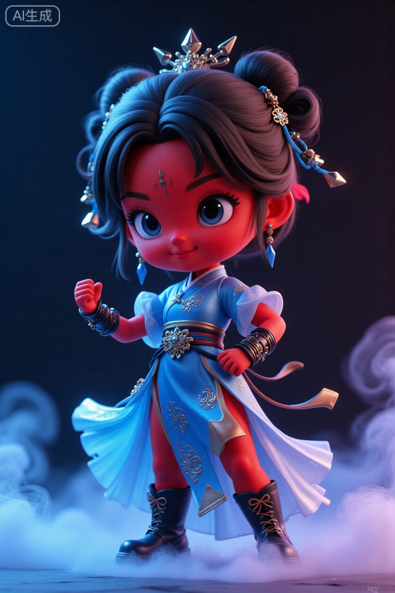 (masterpiece, top quality, best quality, official Art, beautiful and aesthetic:1.2),Cute,Blind Box,Best quality,soloPixar,Blind Box,best quality,super cute,chibi,Cartoon IP,light and shadow,white background,red Skin,red Body,C4D rendering,Blender rendering,3D,masterpiece,best quality,ultra-detailed,Epic CG masterpiece,hdr,dtm,full ha,8K,ultra detailed graphic tension,dynamic poses,stunning colors,3D rendering,surrealism,cinematic lighting effects,realism,00 renderer,super realistic,super vista,super wide Angle,HD,(Blue smoke enveloped the body:1.3),Long blue cheongsam,1girl,solo,chun-li,spike bracelet,fighting stance,(long legs:1.4),(Milky skin:1.6),(shiny skin:1.4),chun-li,double bun,jewelry,spikes,spiked bracelet,gloves,fingerless gloves,tattoo,bracelet,chinese clothes,short sleeves,looking at viewer,dress,black hair,china dress,earrings,boots,sash,black gloves,full body,puffy short sleeves,cross-laced footwear,black background,neon lights,