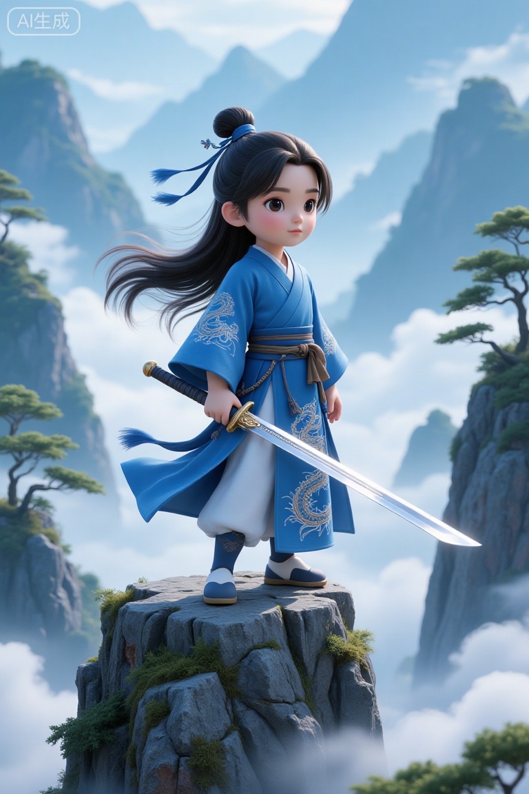 LoraFans, A CGI rendering of a young Asian boy with long black hair in a blue kimono with dragon embroidery, standing on a rocky cliff amidst misty mountains and pine trees. He holds a katana, exuding a heroic, adventurous aura. The background features a serene, ethereal landscape. 