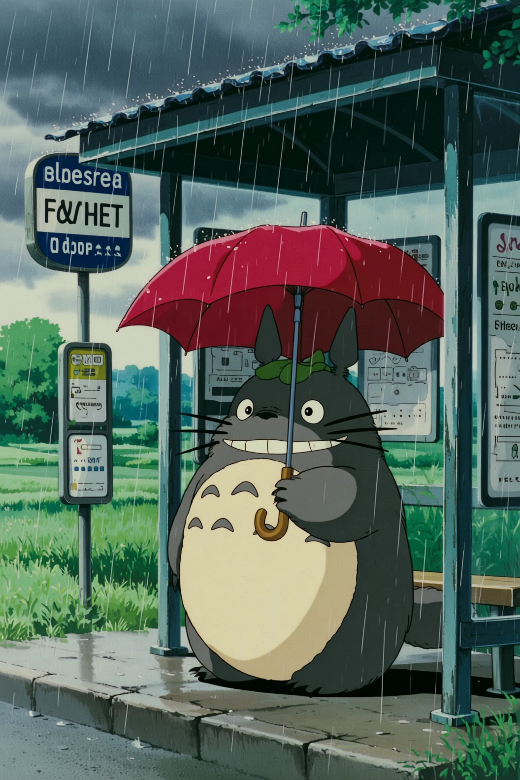 a ghibli style image of Totoro holding a red umbrella under an heavy rain at a bus stop in the countryside on Tensor.Art