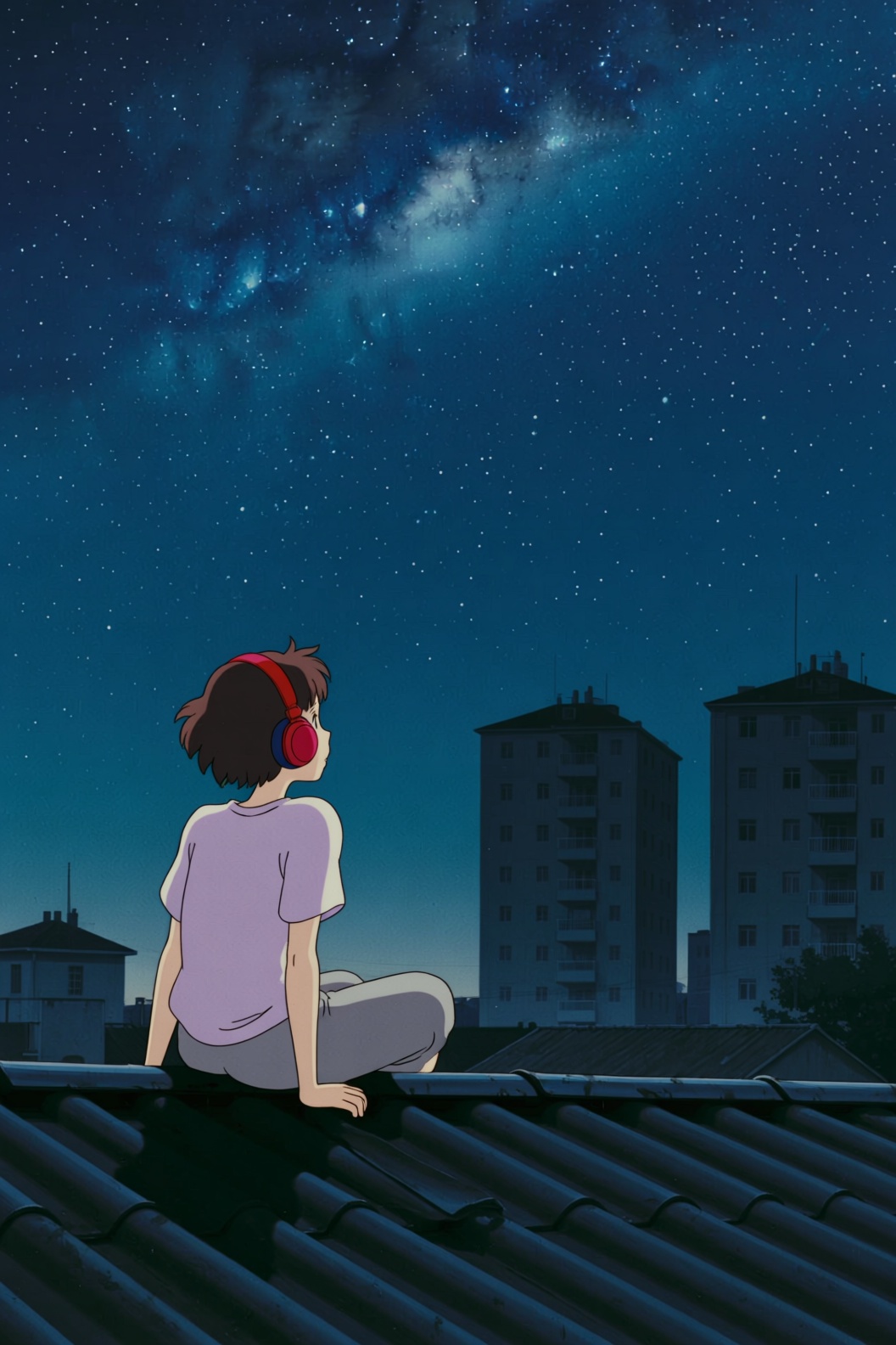 a ghibli style image of a solitary girl perched on a dark,  corrugated rooftop,  gazing upwards into a magnificent night s...