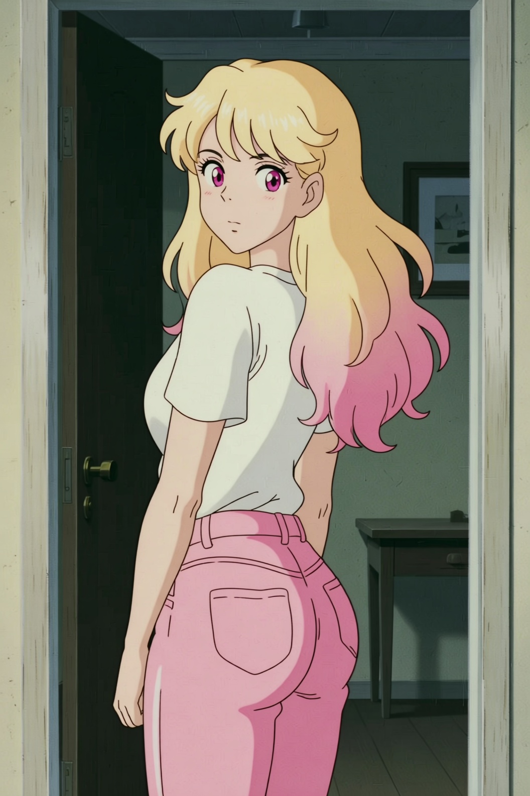 ghibli style image of a young woman with long,  flowing blonde hair transitioning into pink at the ends. She is dressed in...