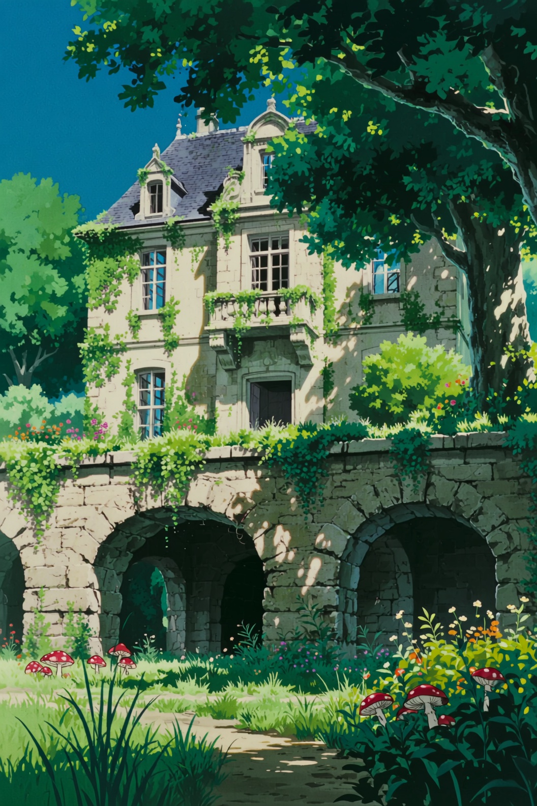 a ghibli style image of an old,  abandoned French château surrounded by lush greenery and a serene atmosphere. The buildin...