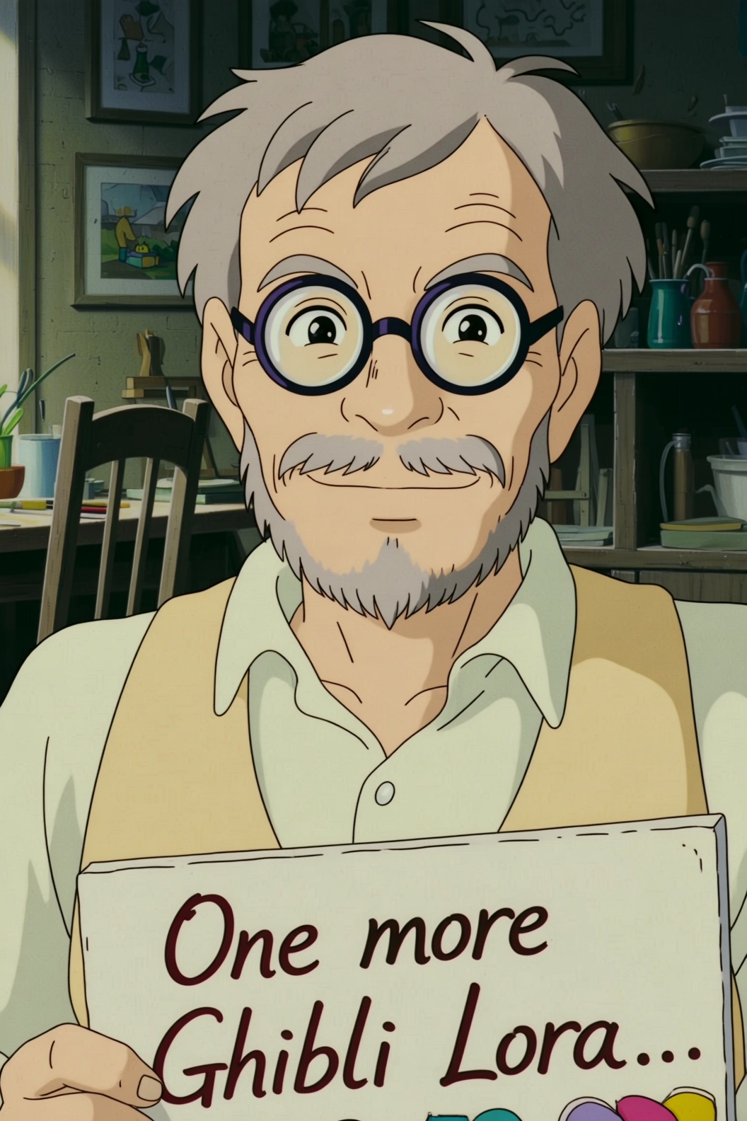 ghibli style image of a portrait of the japanese man,  Hayao Miyazaki in a cozy artist studio. He has a serious expression...