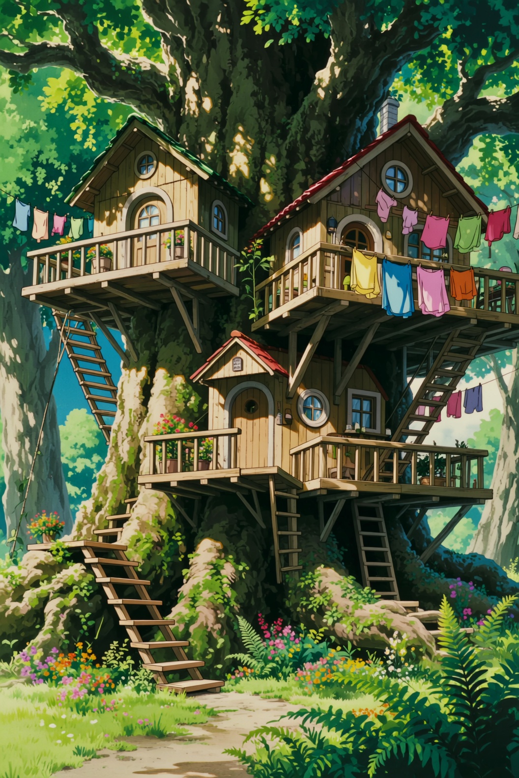 a ghibli style image of multiple cozy houses are built within the sprawling trunk of a colossal tree. The tree’s massive g...