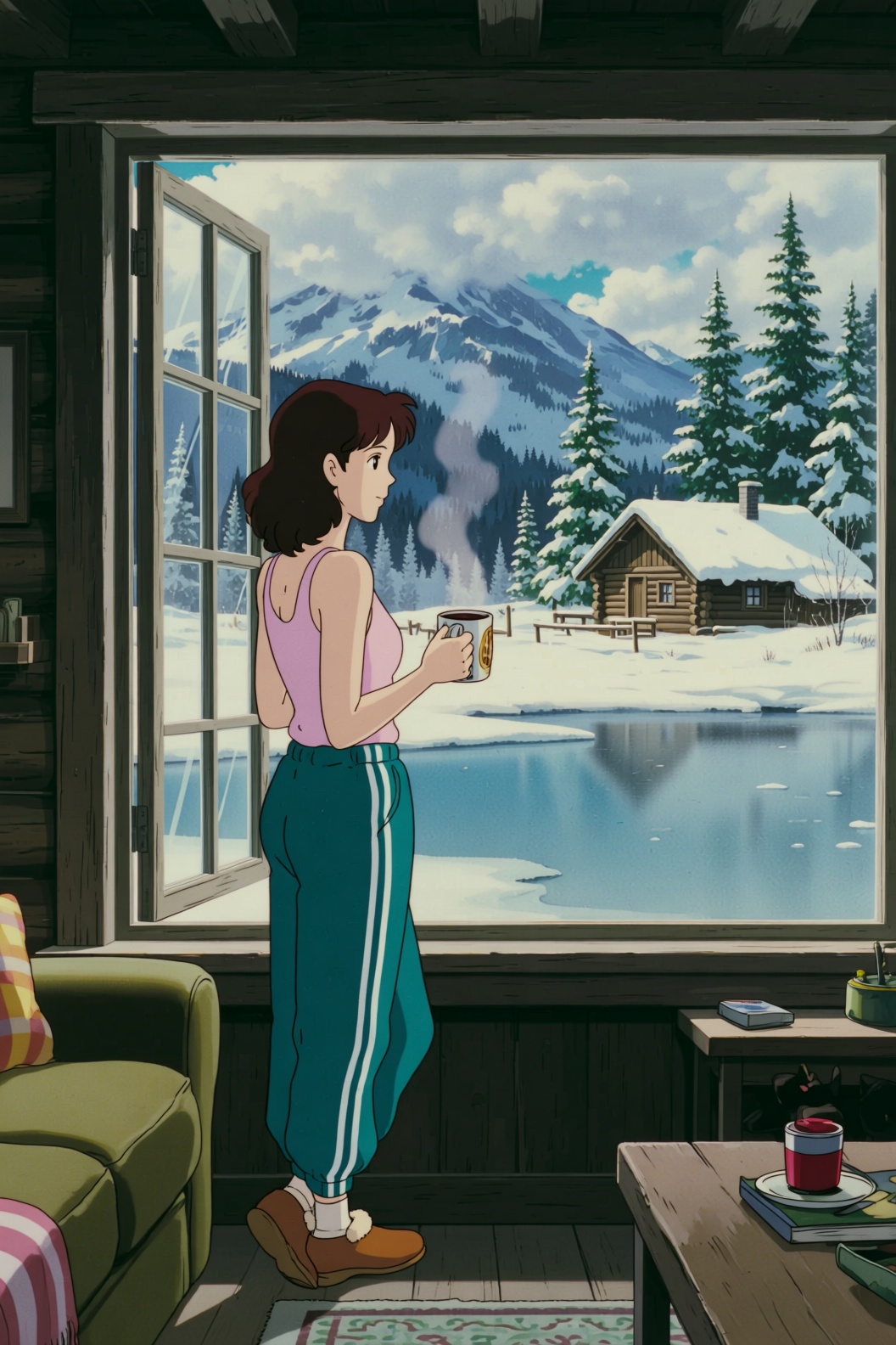 A ghibli style image of a woman in her twenties standing by a large window in a cozy cabin living room. She is wearing mar...