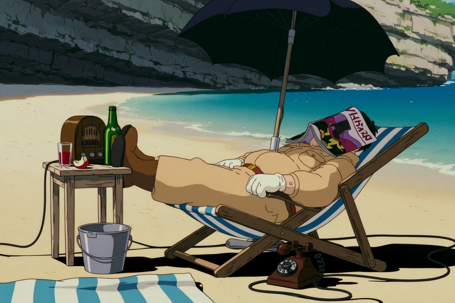 ghibli style image of a man lounging in a beach chair on a sandy shore. The character,  wearing tan pants,  a tan jacket w...