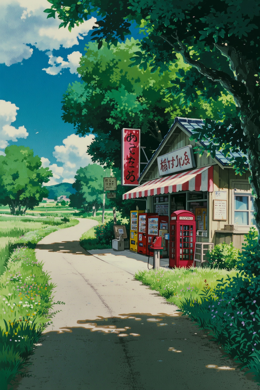 a ghibli style image of a quaint,  rural Japanese scene. The image features a small,  brightly colored convenience store s...