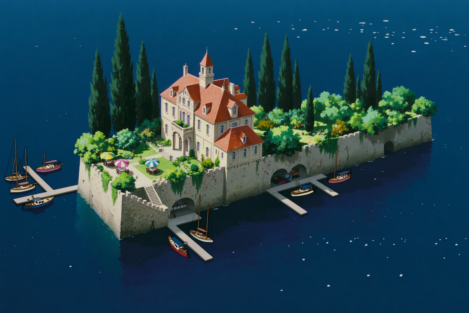 ghibli style image of a solitary island rising from a dark,  calm sea. The island is rectangular with a stone wall perimet...