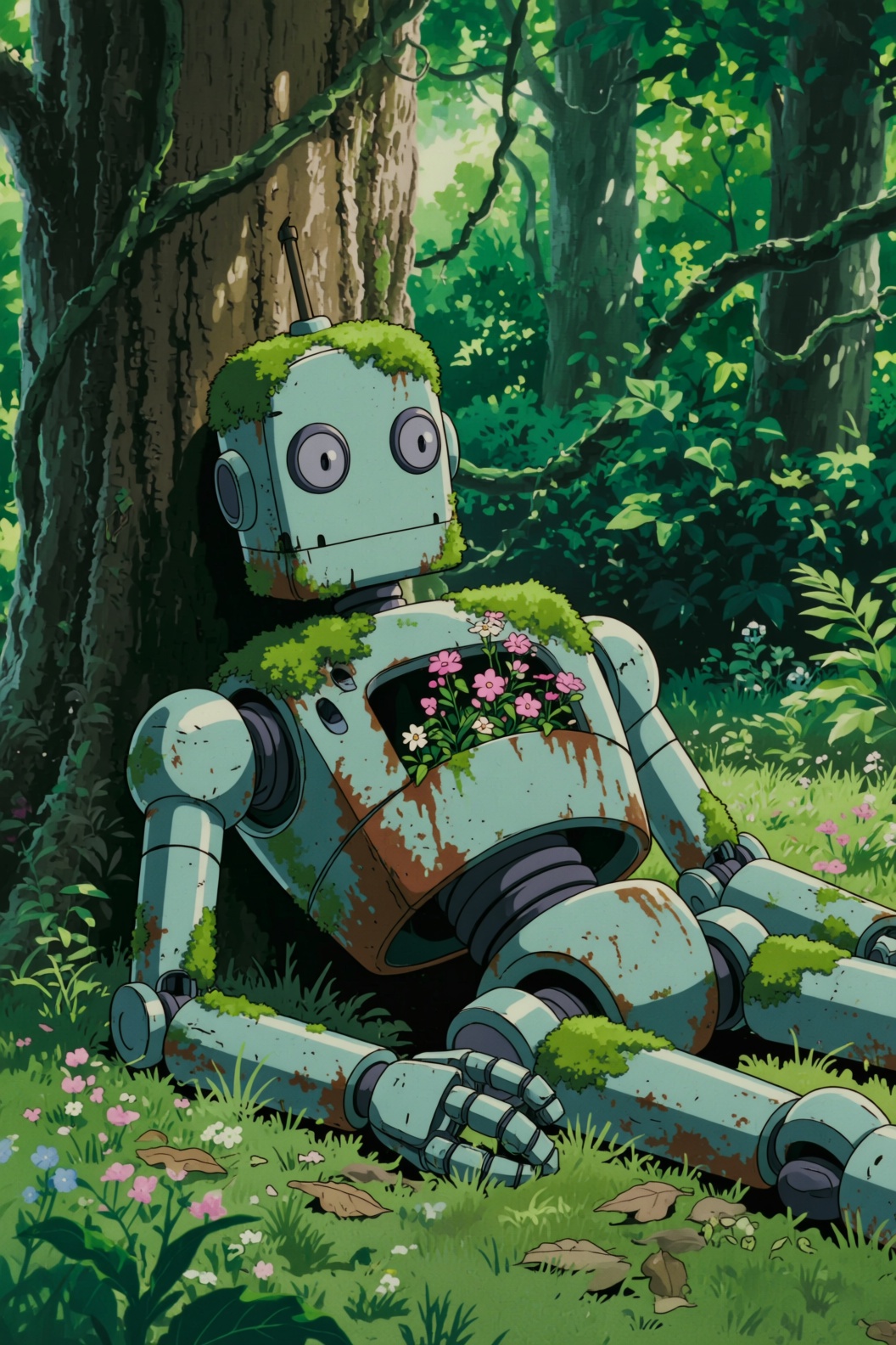 This ghibli style image depicts a long-abandoned,  light blue-green inanimated robot lying in a lush,  overgrown forest. T...