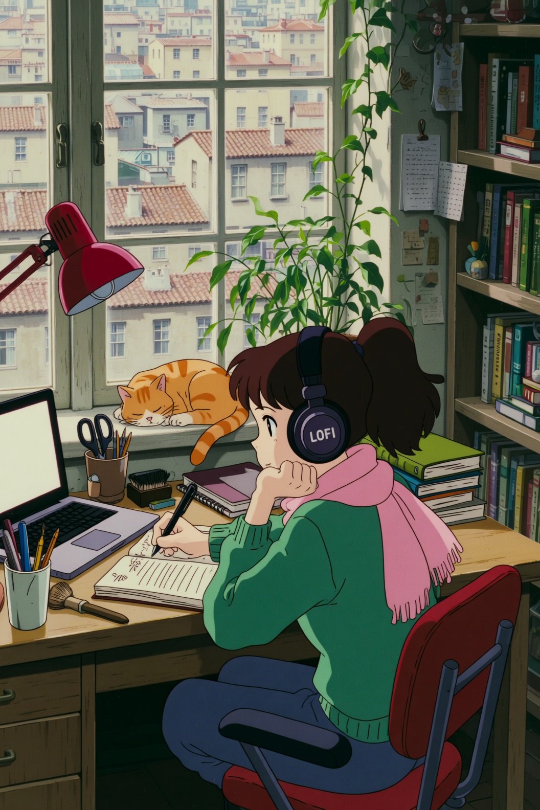 a ghibli style image of a student girl,  seated at a wooden desk positioned directly in front of a large window,  leaning...