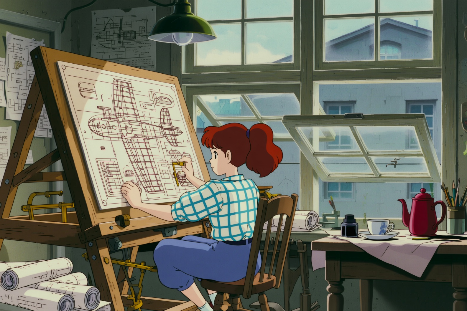 ghibli style image of a young woman with auburn hair in a ponytail,  wearing a blue and white checkered shirt with puffy b...