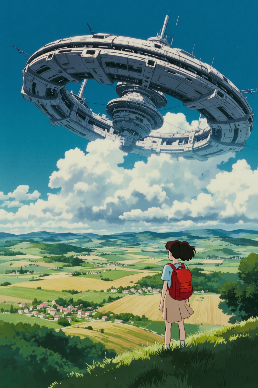 ghibli style image of a breathtaking scene where technology and nature converge under a clear blue sky. In the foreground,...