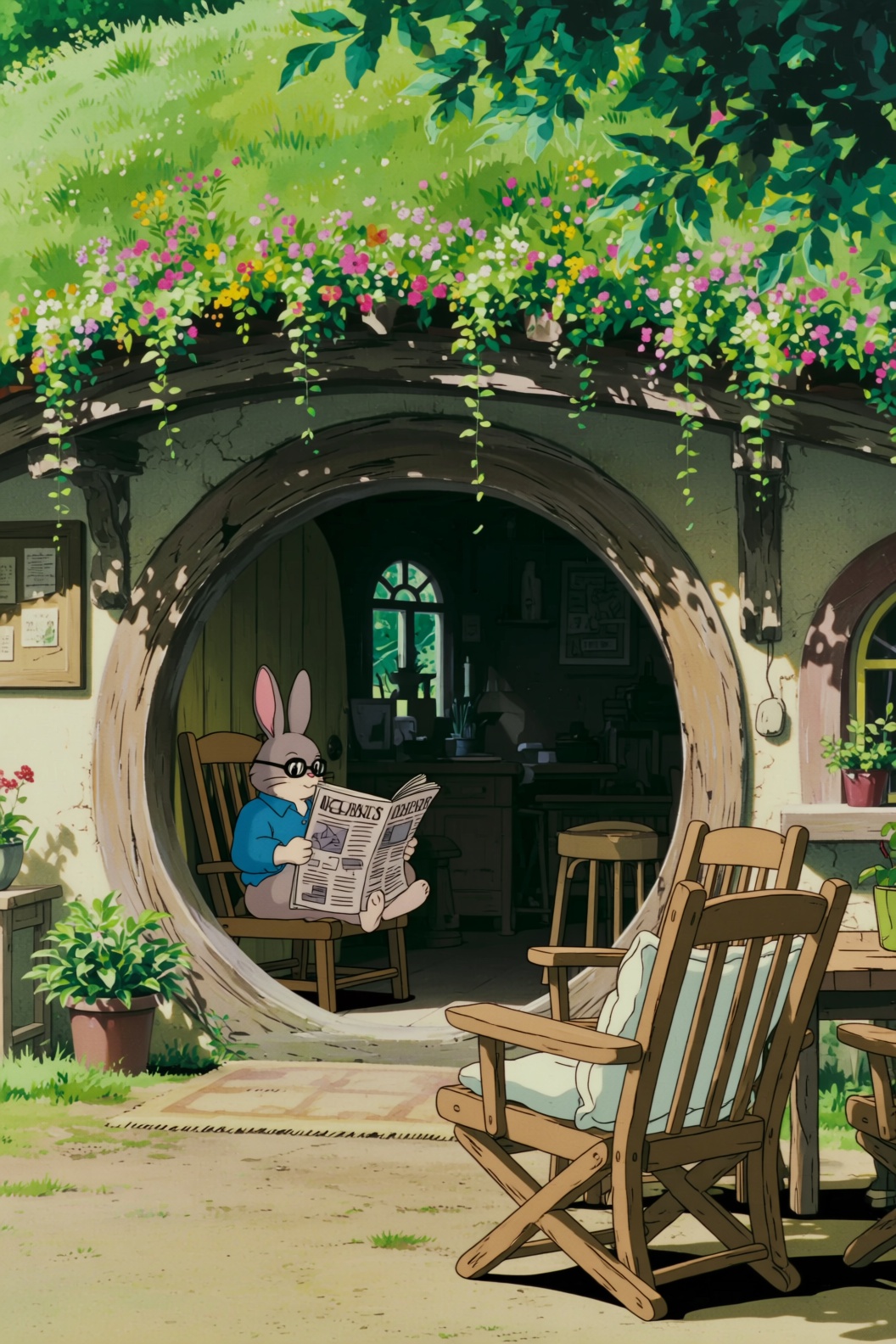 a ghibli style image of a cozy,  serene scene at the entrance of a round,  hobbit-like home. There is a rabbit sitting on...