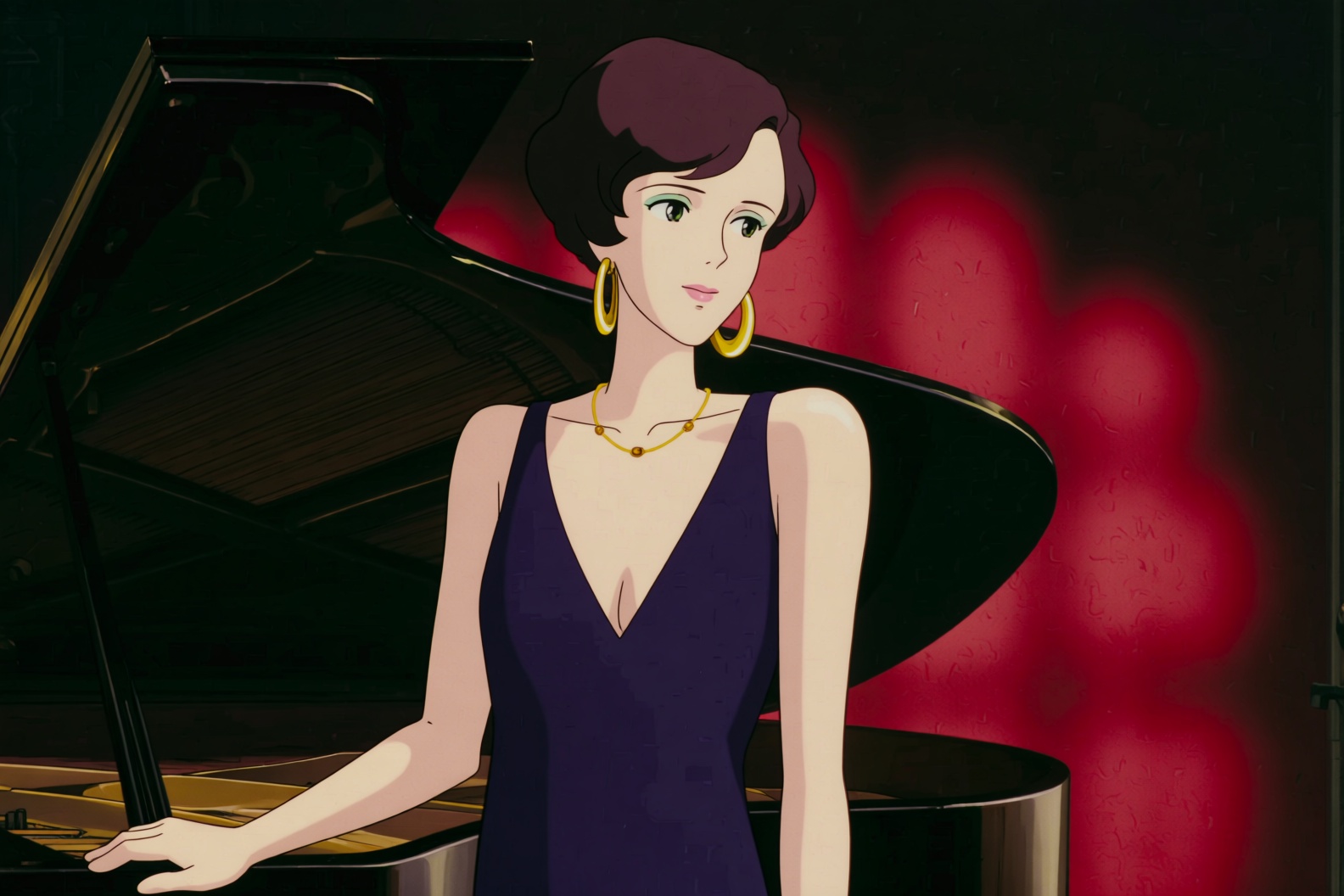 ghibli style image of a woman with short,  dark hair,  large gold hoop earrings on Tensor.Art