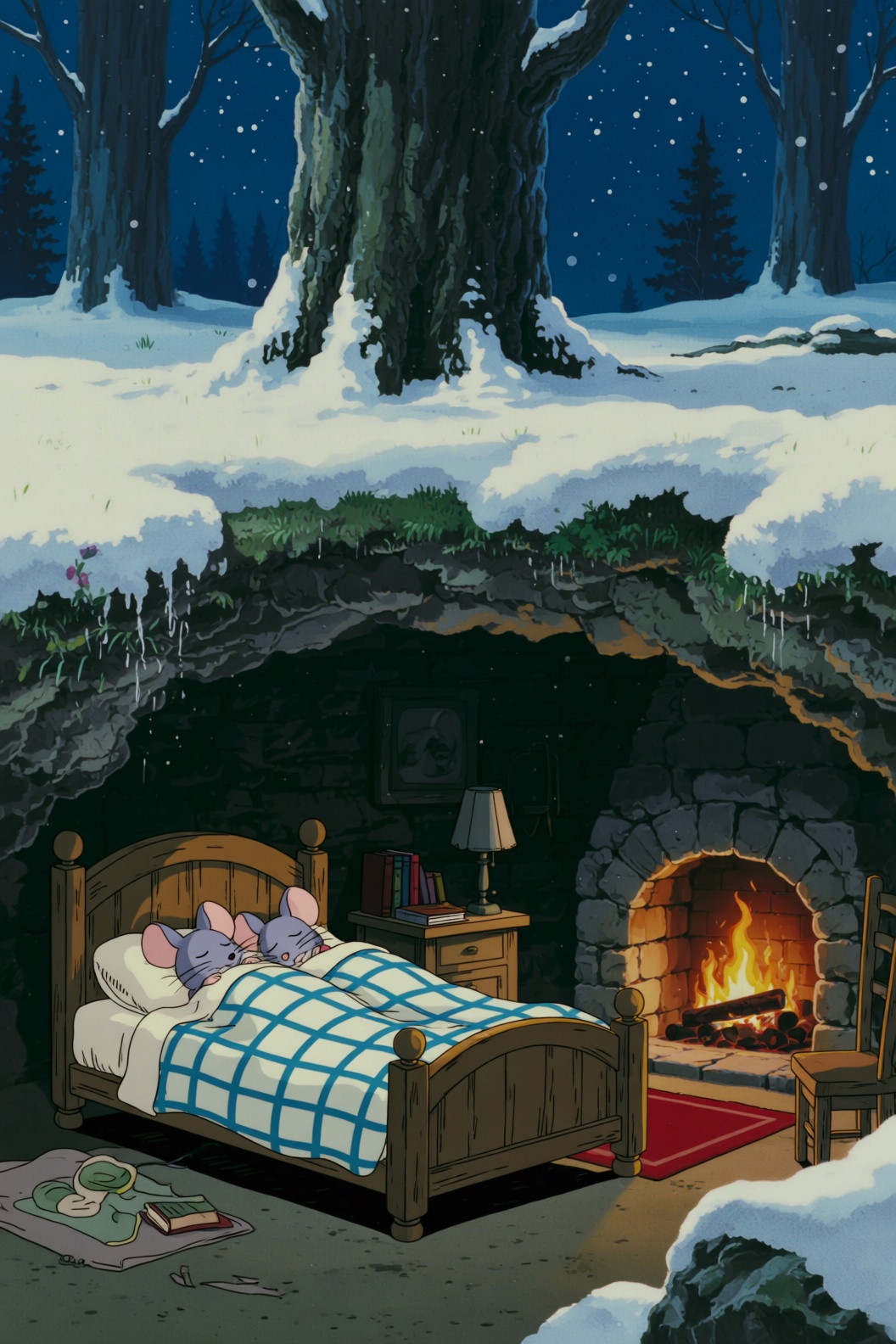 a ghibli style image a cozy underground scene featuring a couple of married mice sleeping peacefully in a wooden bed,  cov...