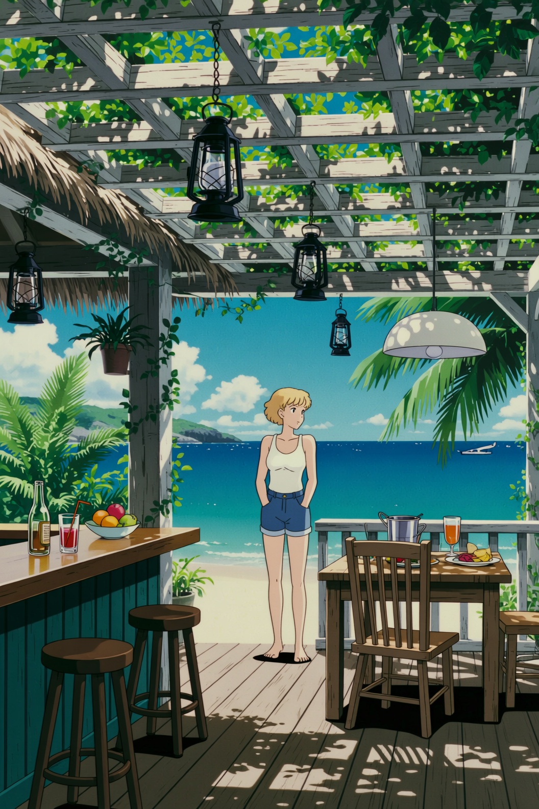 This ghibli style image displays a semi-outdoor wooden deck structure overlooking a beach and ocean scene. **The Structure...