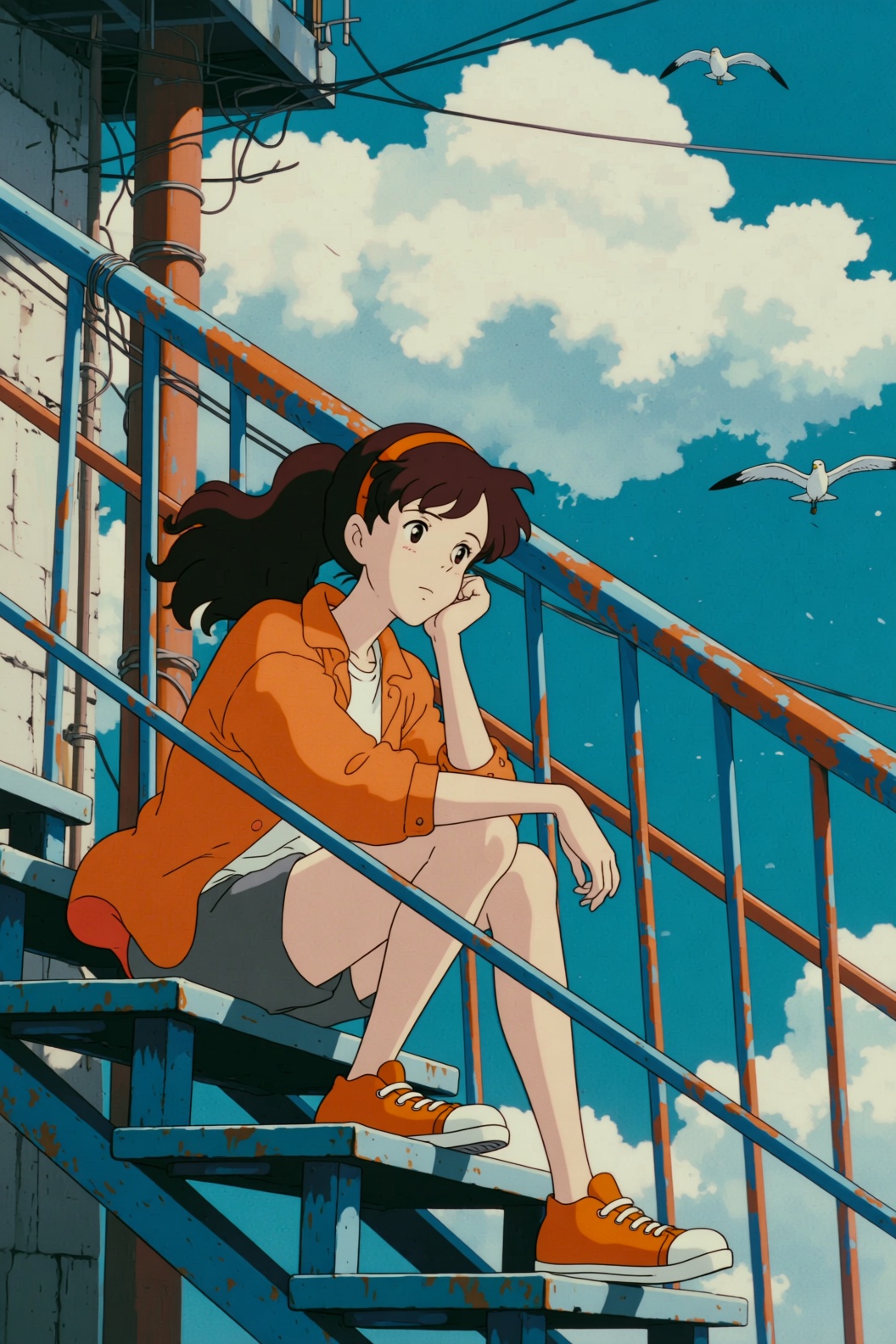 this ghibli style image depicts a young woman sitting on a blue and orange staircase,  set against a bright,  clear blue s...