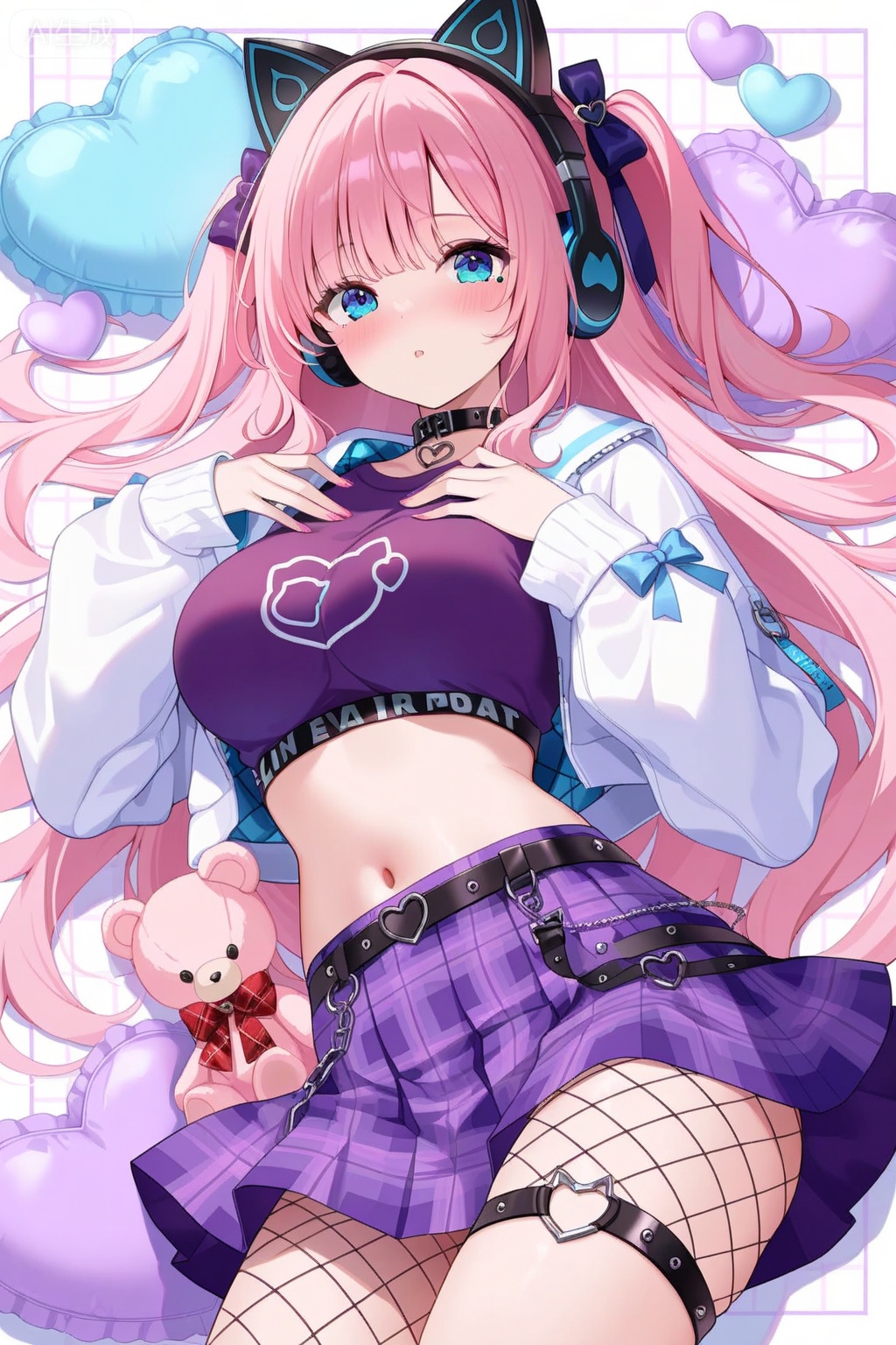 1girl, solo, long hair, breasts, looking at viewer, bangs, blue eyes, skirt, shirt, bow, navel, animal ears, very long hair, jacket, pink hair, hair bow, heart, choker, midriff, cat ears, crop top, plaid, thigh strap, fake animal ears, headphones, stuffed toy, white jacket, stuffed animal, hand on own chest, fishnets, purple skirt, teddy bear, purple shirt, animal ear headphones, cat ear headphones