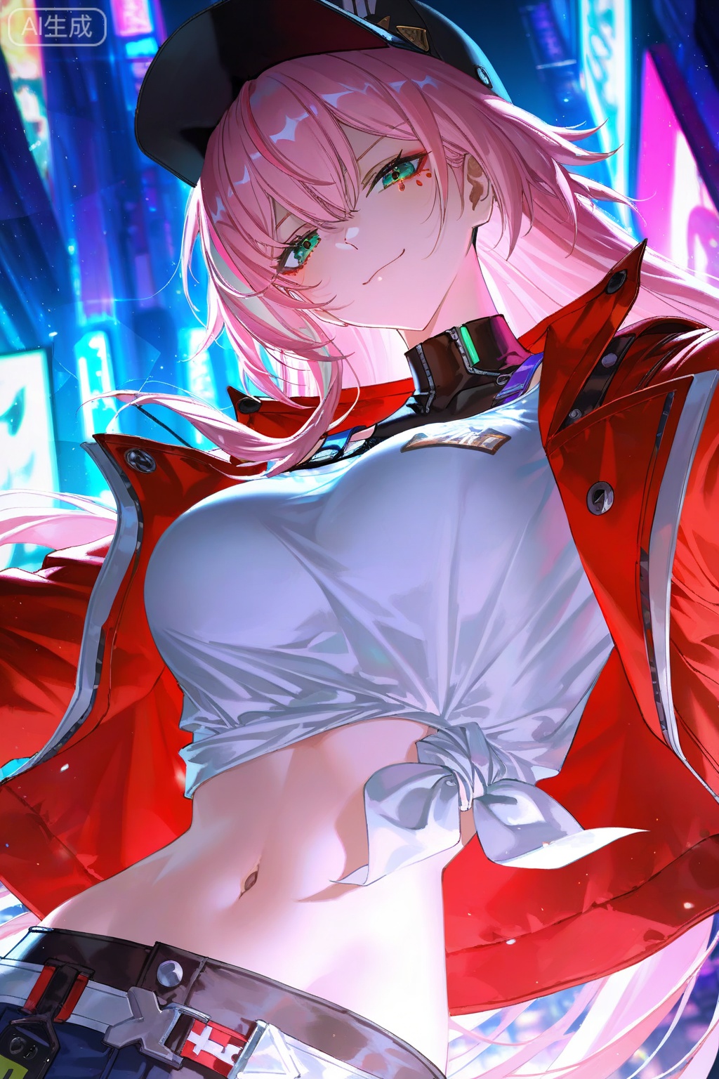 Depth of field,light particles,lens flare,(artist: quasarcake:0.8),extreme aesthetic,(wlop:0.6),wanke,relle,wanke,masterpiece,best quality,good quality,newest,year 2024,year 2023,very aesthetic,absurdres,Visual impact,Electromotive force,perspective composition,a shot with tension,ultra-high resolution,32K UHD,sharp focus,best quality,masterpiece,Emotionalization masterpiece,unconventional supreme,masterful details,with a high-end texture,in the style of fashion photography,(Visual impact:1.2),giving the poster a dynamic and visually striking appearance,impactful picture,official art,colorful,splash of color,movie perspective,masterpiece,best quality,amazing quality,very aesthetic,absurdres,best quality,good,(miurahha, bacius, ririko (fhnngririko):0.4),1girl,black hat,crop top,green eyes,looking at viewer,midriff,navel,pink hair,rappa (honkai: star rail),red jacket,solo,tied shirt,very long hair,white shirt,smile,smug,close-up,dynamic angle,dynamic action,graffiti,street,night,cyberpunk city,slightly blurred background,graffiti effect,ninja,full_shot,looking_at_viewer,dynamic_angle,depth of field,solo_focus,face_focus,eyes_focus,